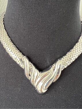 Whiting & Davis Silver Snake Mesh Sculpted V-Shaped Collar Necklace
